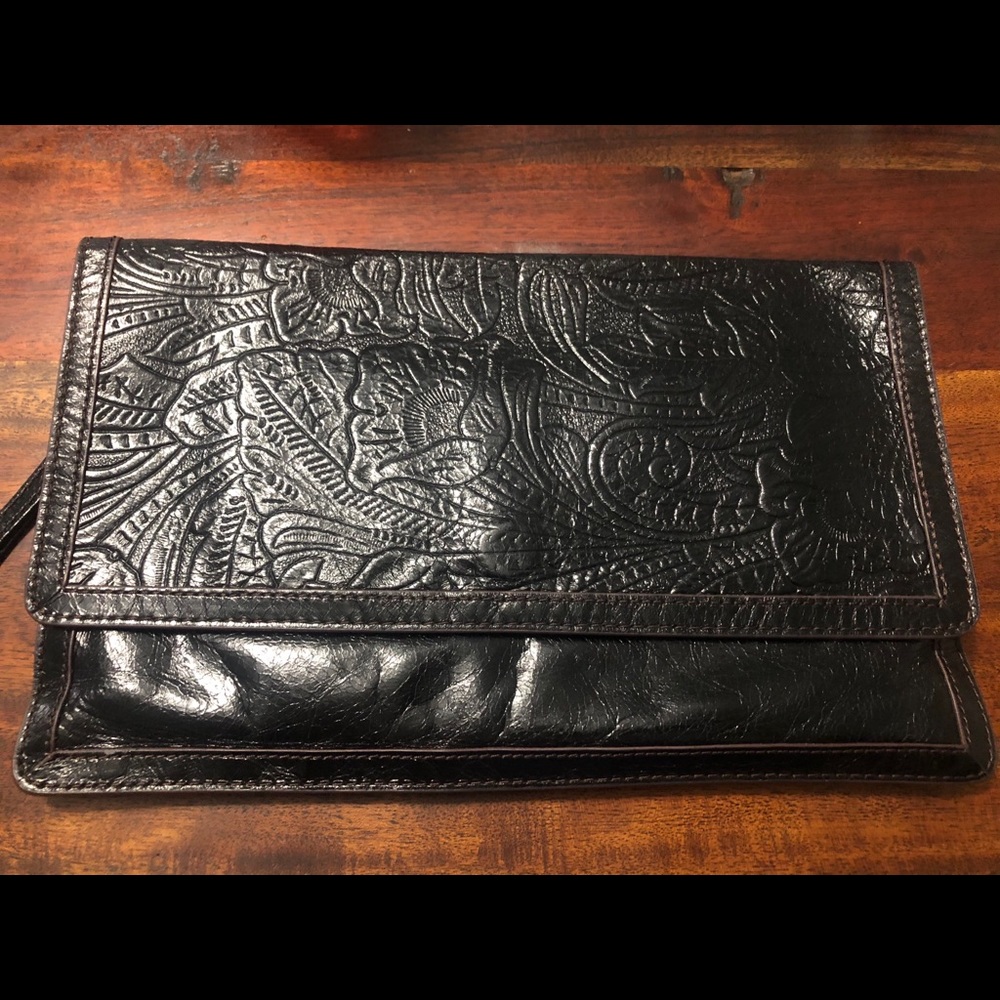 Hobo Crest embossed Leather Wristlet Clutch